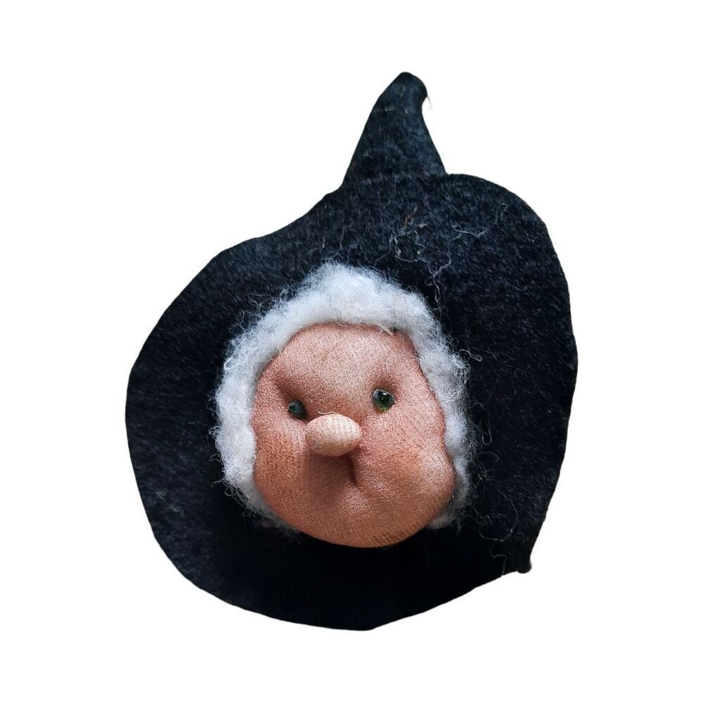 Handmade Felt Witch Brooch with Peach Face